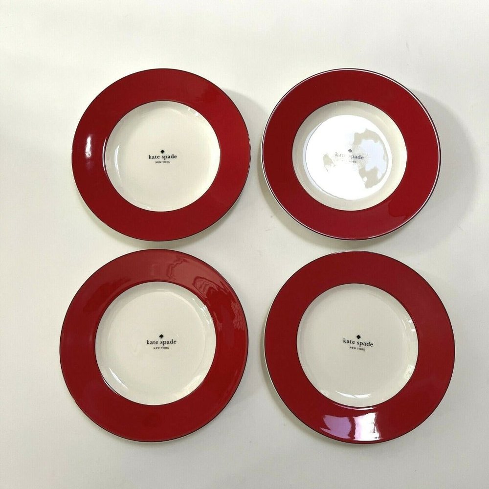 4PC New Kate Spade Rutherford Circle Red Accent Plates Dishes 9.2" Lenox - Picture 2 of 5